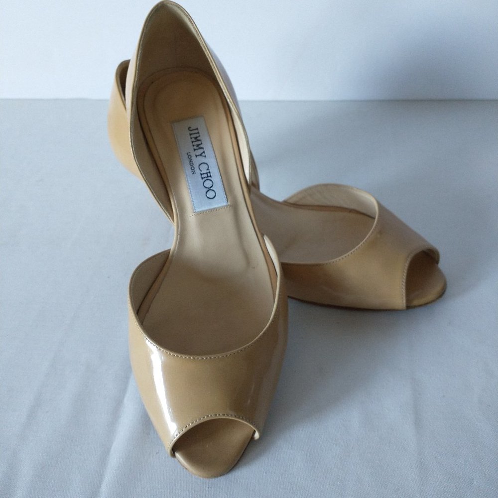 Jimmy Choo Tan Patent Peep-Toe Heels